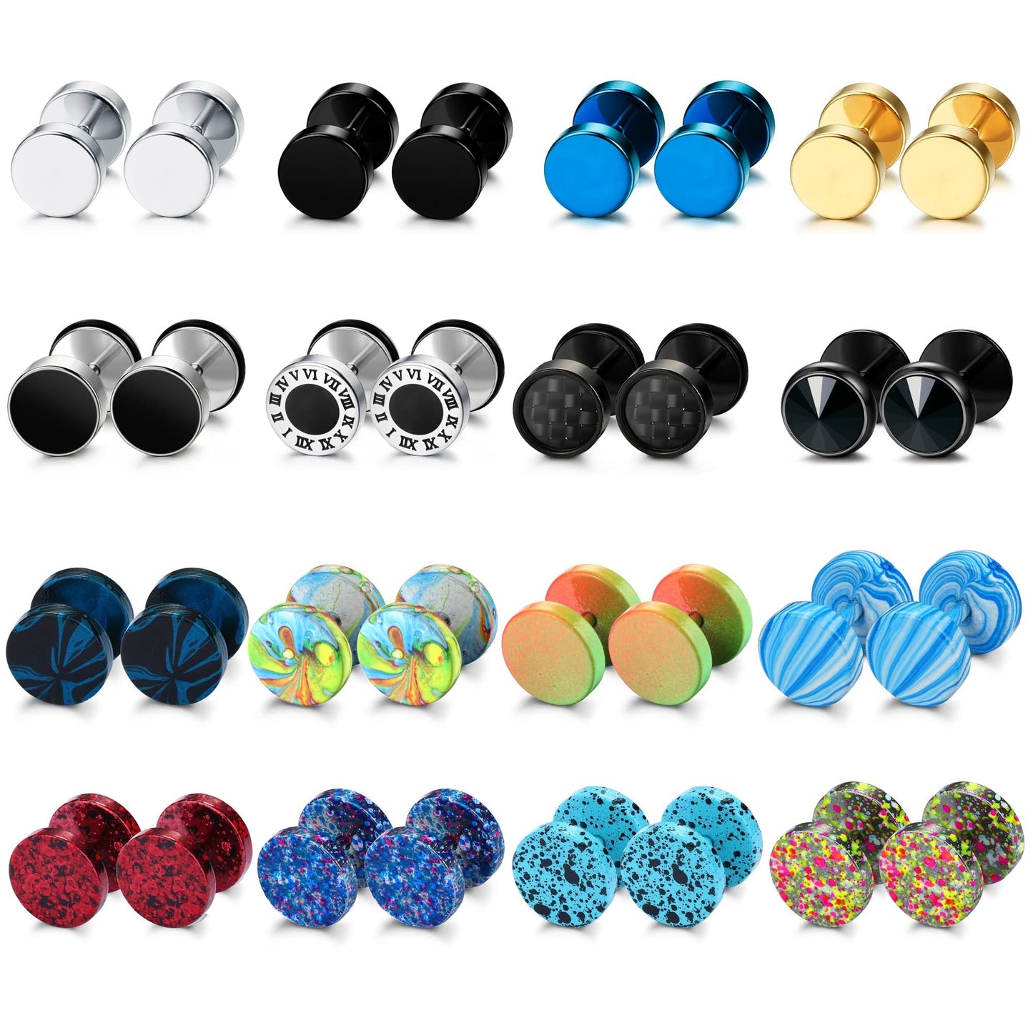 JeryWe 16 Pairs Stainless Steel Stud Earrings for Men Women Fake Gauge Screw Studs Earrings Set Barbell Ear Plugs Faux Gauges Ear Tunnel Earrings 8MM, Stainless steel