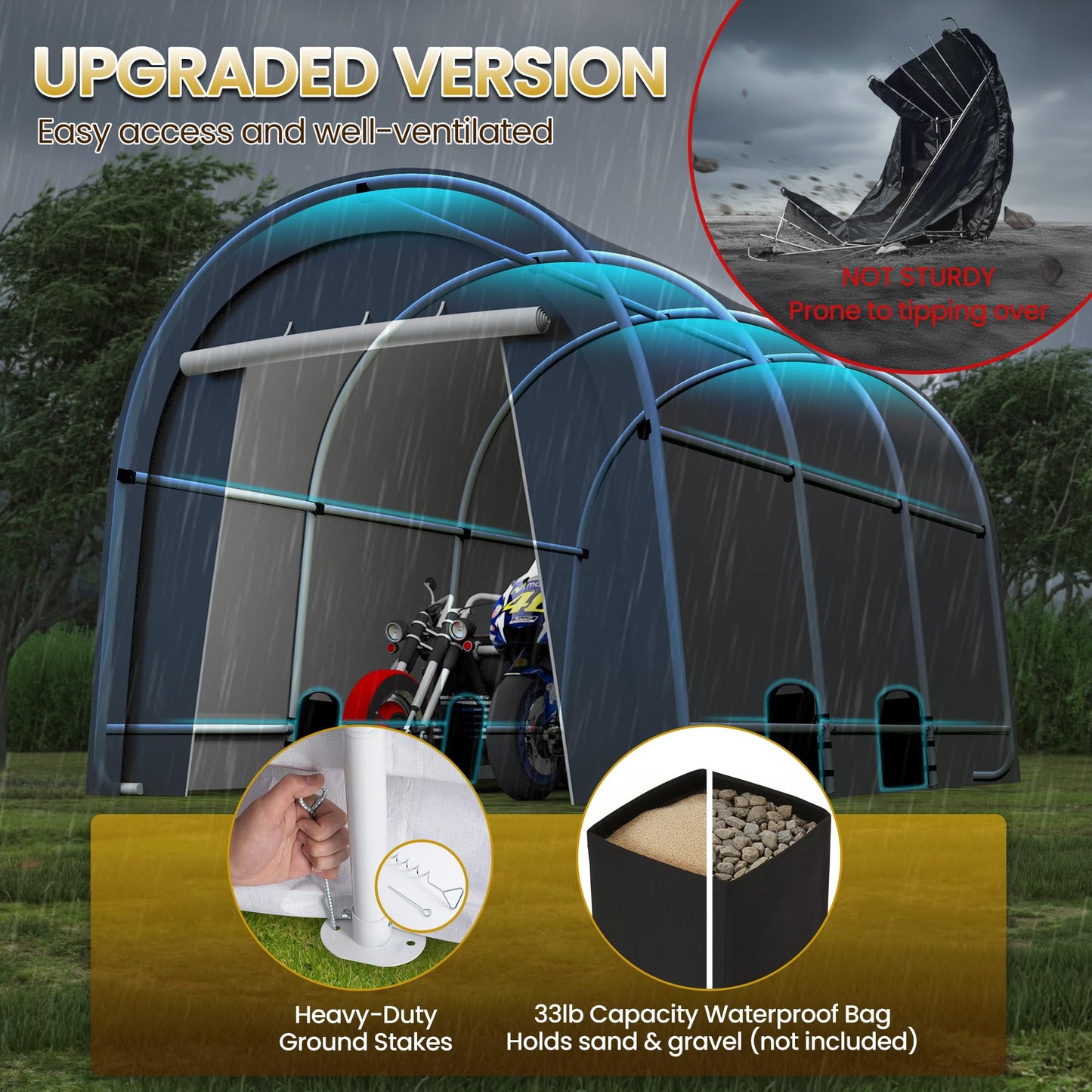 FansaFurn Heavy Duty Carport with 4 Cloth Bags, All-Weather Car Canopy with 2 Roll-up Doors, Portable Garage Storage Shelter Shed for Truck, Cars, or Garden Tools, 10' x 15'