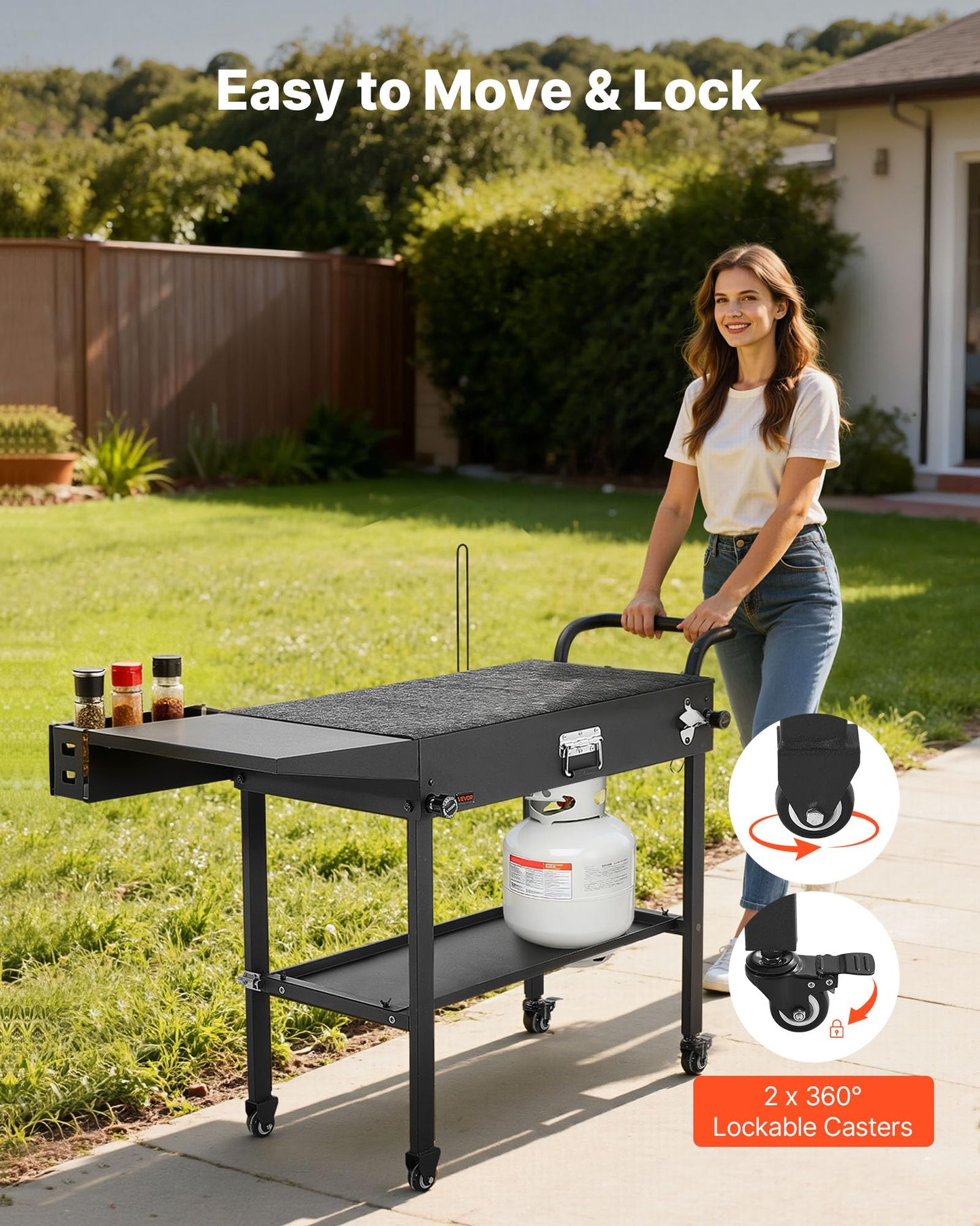 VEVOR Outdoor Grill Cart, 31.0 x 17.0 inch Tabletop Size Grilling Table, Foldable Outdoor Cooking Table with Tissue Holder, Hooks, Wheels, Side Table, BBQ Prep Tables for Picnic, Kitchen, Courtyard