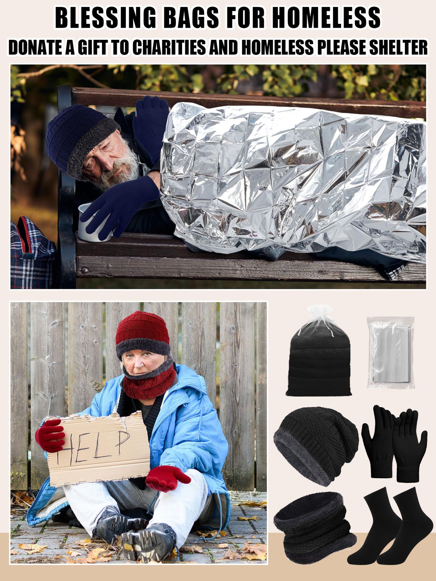 Jamntower 288 Pcs Homeless Care Package Supplies Bulk Winter Hygiene Kit Emergency Blankets Beanies Hat Scarf Glove Sock Organza Bag (4 Colors)