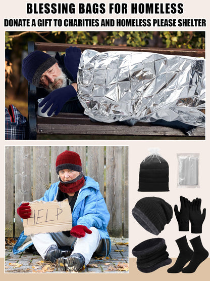 Jamntower 288 Pcs Homeless Care Package Supplies Bulk Winter Hygiene Kit Emergency Blankets Beanies Hat Scarf Glove Sock Organza Bag (4 Colors)