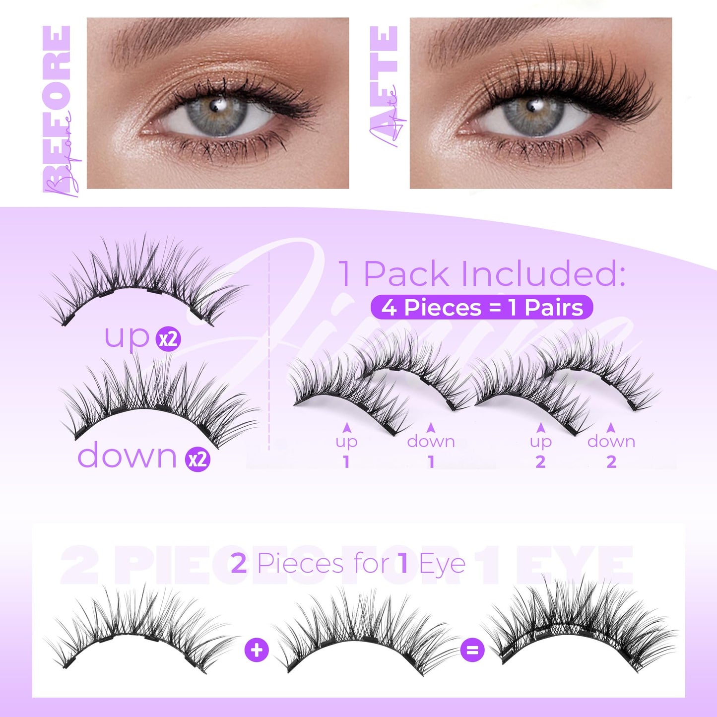 Magneitc Eyelashes with Applicator Wispy False Eyelashes No Glue Needed Natural Look Cat Eye Magnetic Lashes Easy to Use Reusable Fluffy Magnetic Eyelashes without Eyeliner 1 Pair Pack