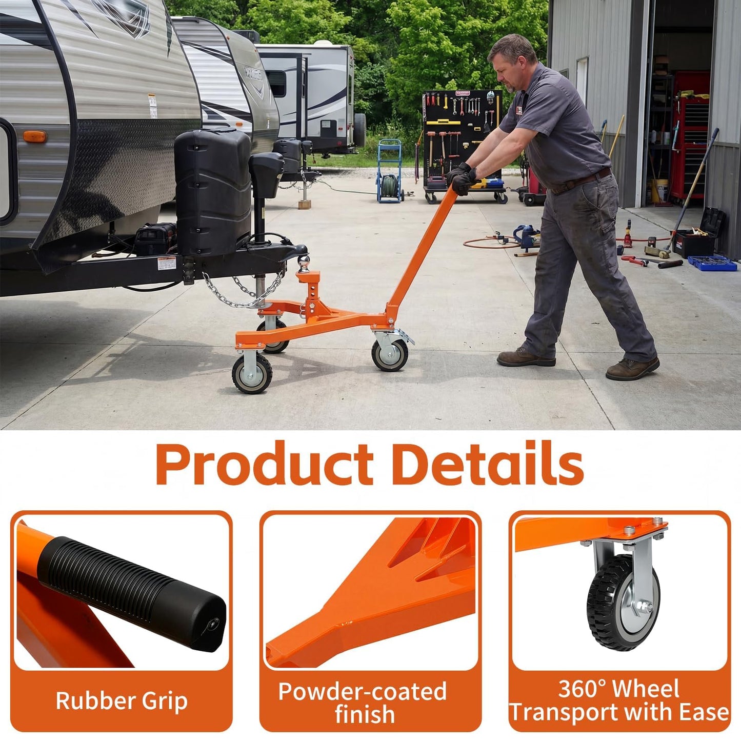 Trailer Mover Dolly with 2'' and 2-5/16'' Receiving Tongues, Load Capacity 3500 Lbs Trailer Tug with Three Wheels, Adjustable Tongue Height for RV Boat Motorcycle, Moving Trailers, Campers, Orange