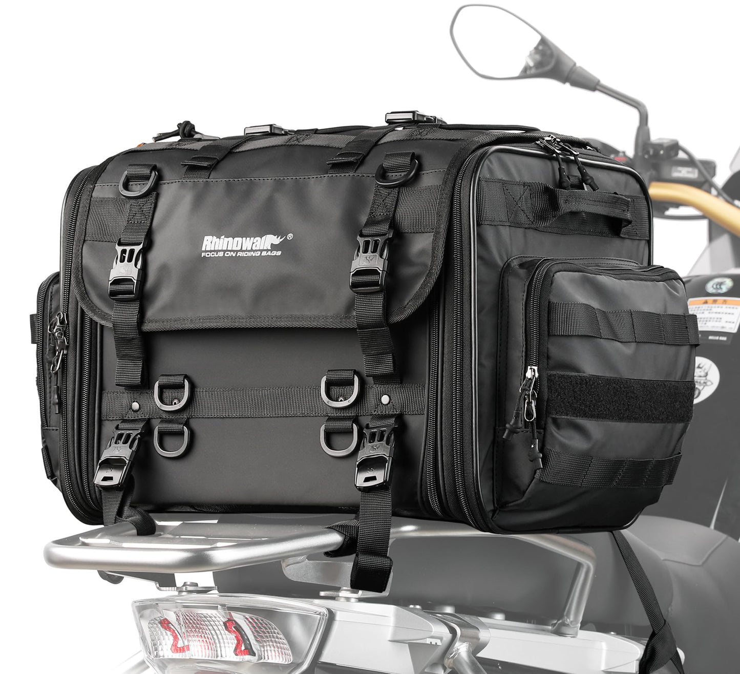 Rhinowalk Motorcycle Tail Bag, Expandable Motorcycle Travel Luggage Bags 60L, Waterproof All-Weather Trunk Rack Bag with Sissy Bar Straps & Helmet Rain Cover-Black