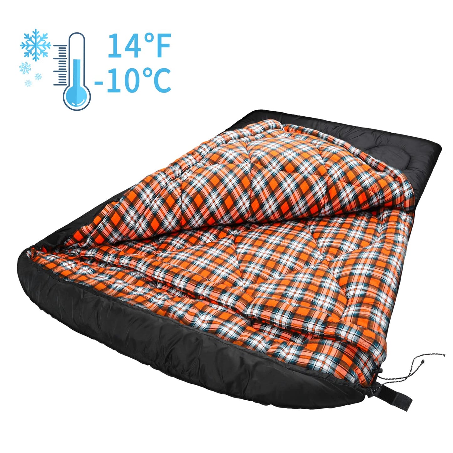 AGEMORE 0 Degree Double Sleeping Bag for Adults, Cotton Flannel Lined 2 Person Queen Size Sleeping Bag for Winter, Double Wide & Warm for Family Couples Camping Or RV Traveling