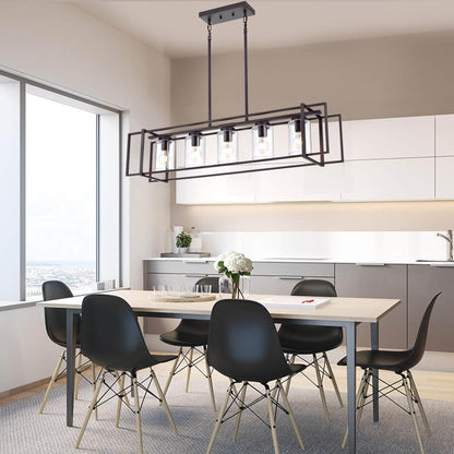 Lucidce 5-Light Industrial Pendant Light, Oil-Rubbed Bronze, Adjustable, Iron, Rectangular Frame, Model 011P-OB, Transparent Glass Shades