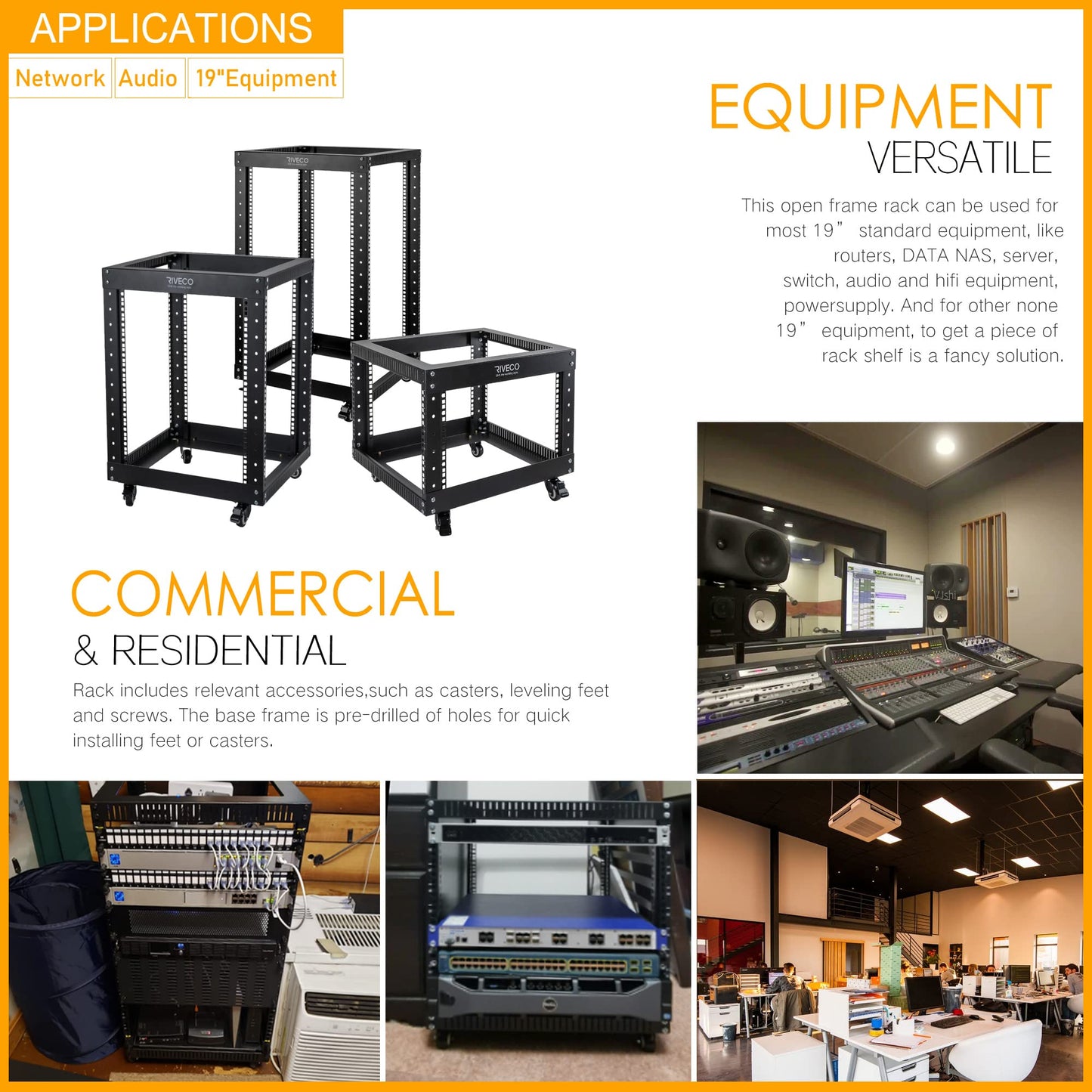 RIVECO 6U Open Frame Server Rack with Wheels- Heavy Duty 4 Post Quick Assembly 19-inch Support 600KG Equipment Home Network Cabinet Black