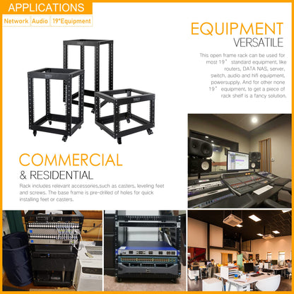 RIVECO 9U Open Frame Server Rack with Casters- Heavy Duty 4 Post Quick Assembly 19-inch, Stereo Rack Network Cabinet Black
