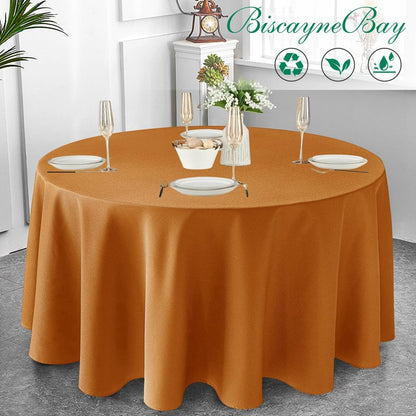 Biscaynebay Fall Tablecloth Textured Fabric Round Tablecloths 90", Bronze Thanksgiving Autumn Harvest Water Resistant Fabric Tablecloths for Kitchen, Dining, Wedding, Parties Machine Washable