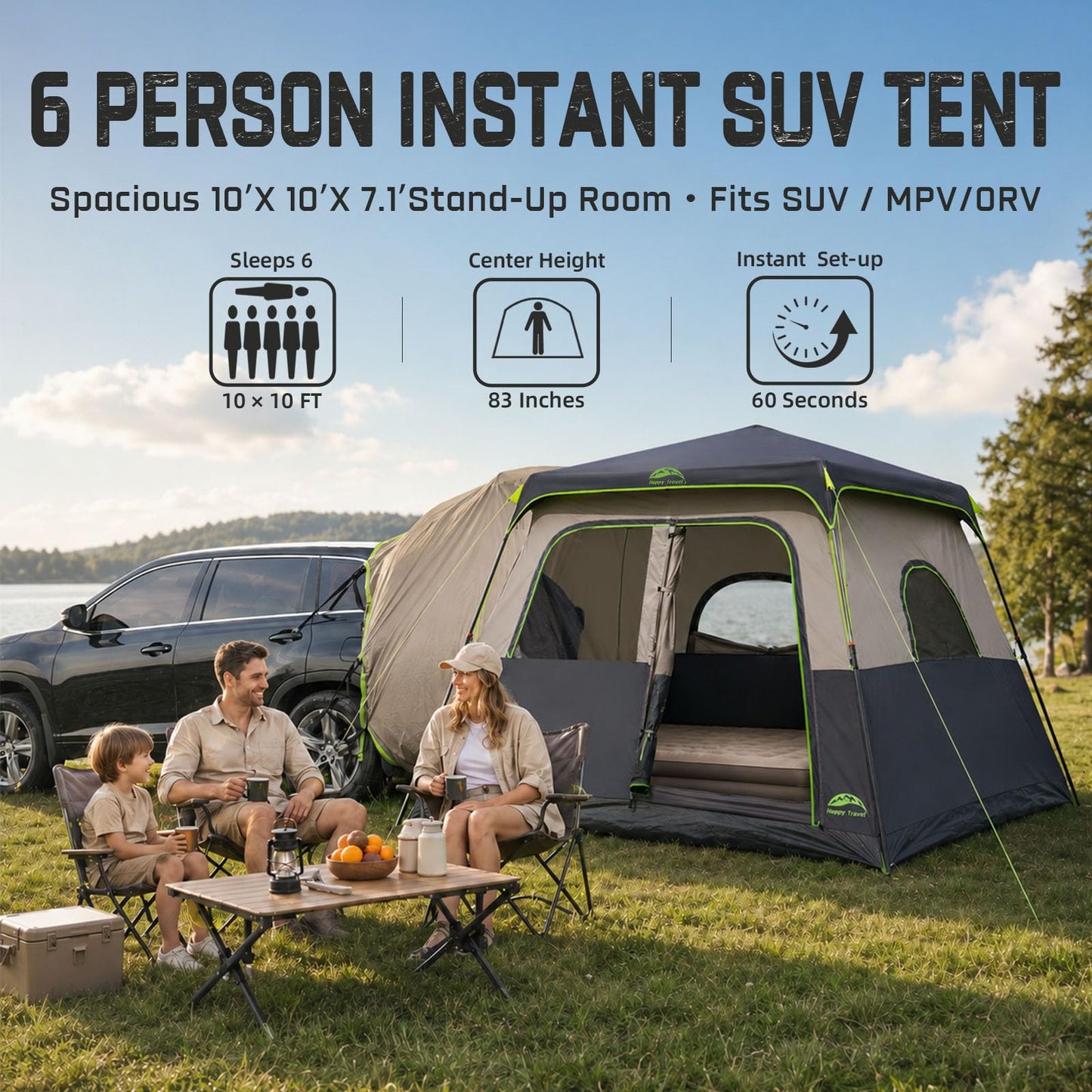 Happy Travel SUV Tents for Camping, 6 Person Instant Tent with 60 Seconds Easy Setup, Waterproof Car Tailgate Cabin Tent with Rainfly for Family Camping, Expandable Carry Bag,10' W X 10' L X 7.1' H