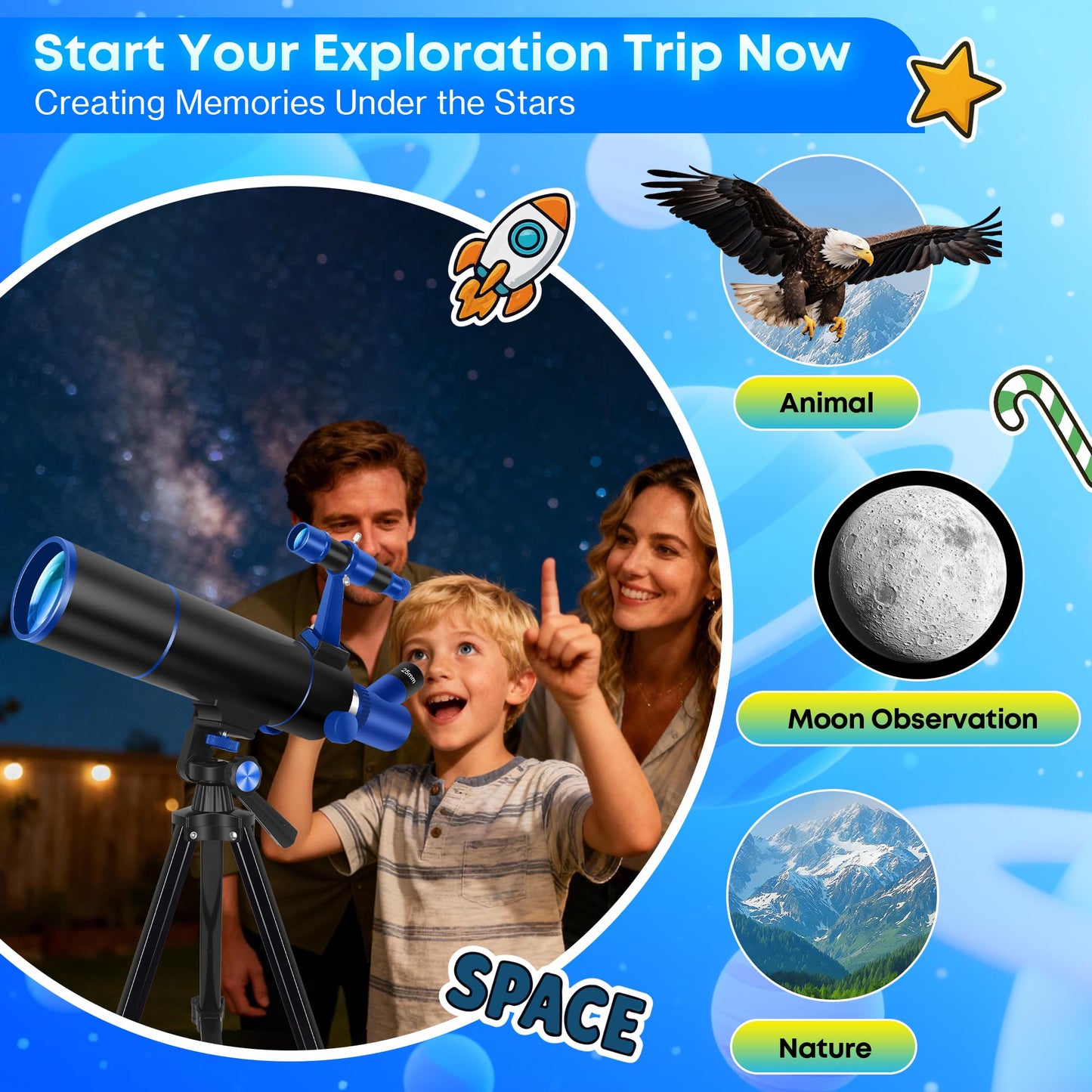 Hawkko Telescope for Adults & Kids Beginners, 80mm Aperture 500mm Telescopes for Adults Astronomy, (20X-150X) Portable Refractor Telescope Kit with Decorate Stickers, Backpack, Phone Adapter-BlackBlue