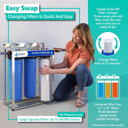 Express Water Whole House Replacement Filter Set, 3 Pack, Carbon Block, KDF, Polyphosphate for Heavy Metal and Anti Scale, Compatible with WH300SCKP, 4.5" × 20" Standard Water Filter Cartridges
