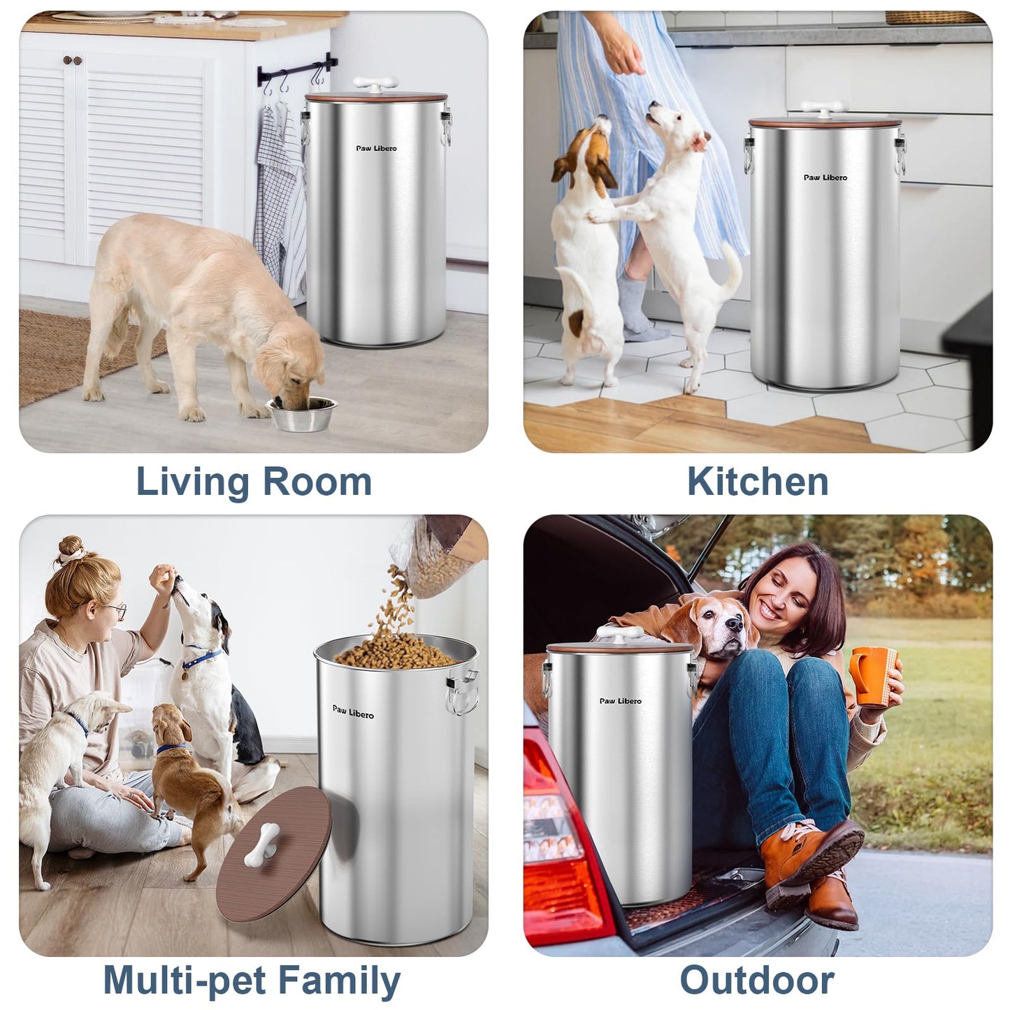 Paw Libero 2PK 35 Lbs total 70Lbs Stainless Steel Dog Food Storage Container with Airtight Wooden Lid & Ceramic Bone Handle, Large Metal Dog Food Bin for Dogs & Cats, Keep Fresh, Easy to Clean
