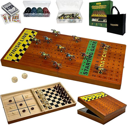 Large 23 inches Horse Race Board Game with Luxury Metal Numbered Horses 4 in 1 Foldable Wood Horse Race Board Game with Dice Poker Chips/Chess &amp Checkers/Tic Tac Toe for for Adults Family Parties