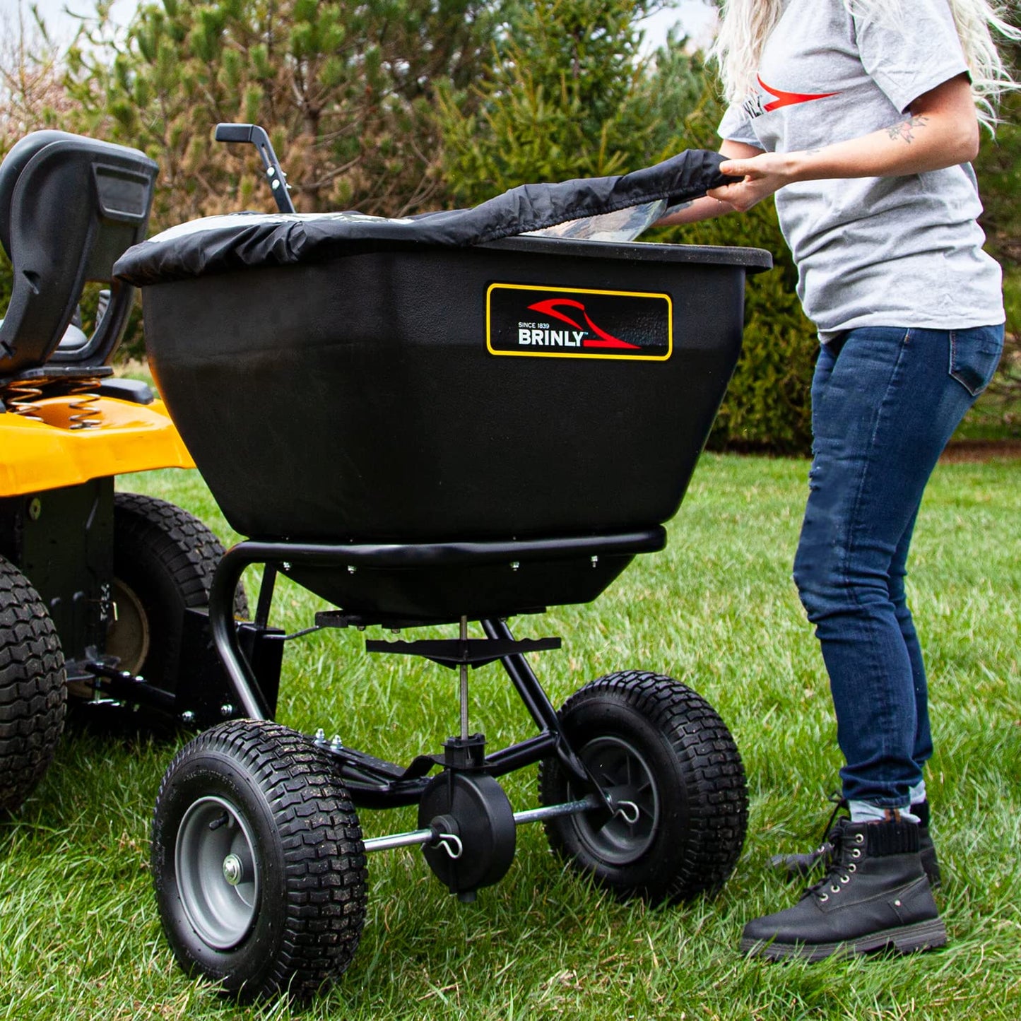 Brinly BS361BH-A Deluxe Tow Behind Broadcast Spreader with Extended Easy-Reach Handle and Weatherproof Cover, 175 lb.