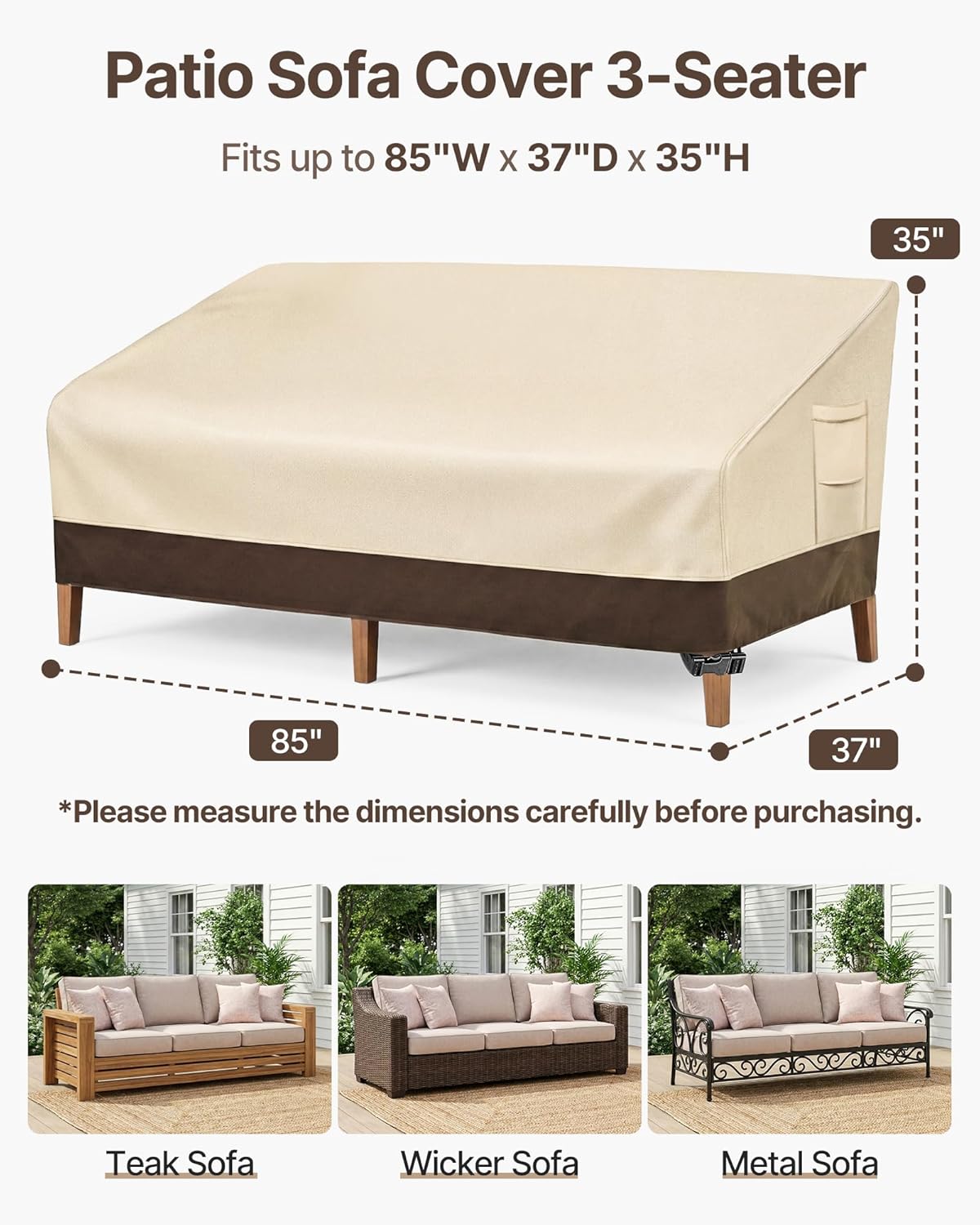 Vailge Heavy Duty Patio Sofa Cover - 100% Waterproof 3-Seater Outdoor Protection | 60"W x 35"D x 35"H, Beige & Brown