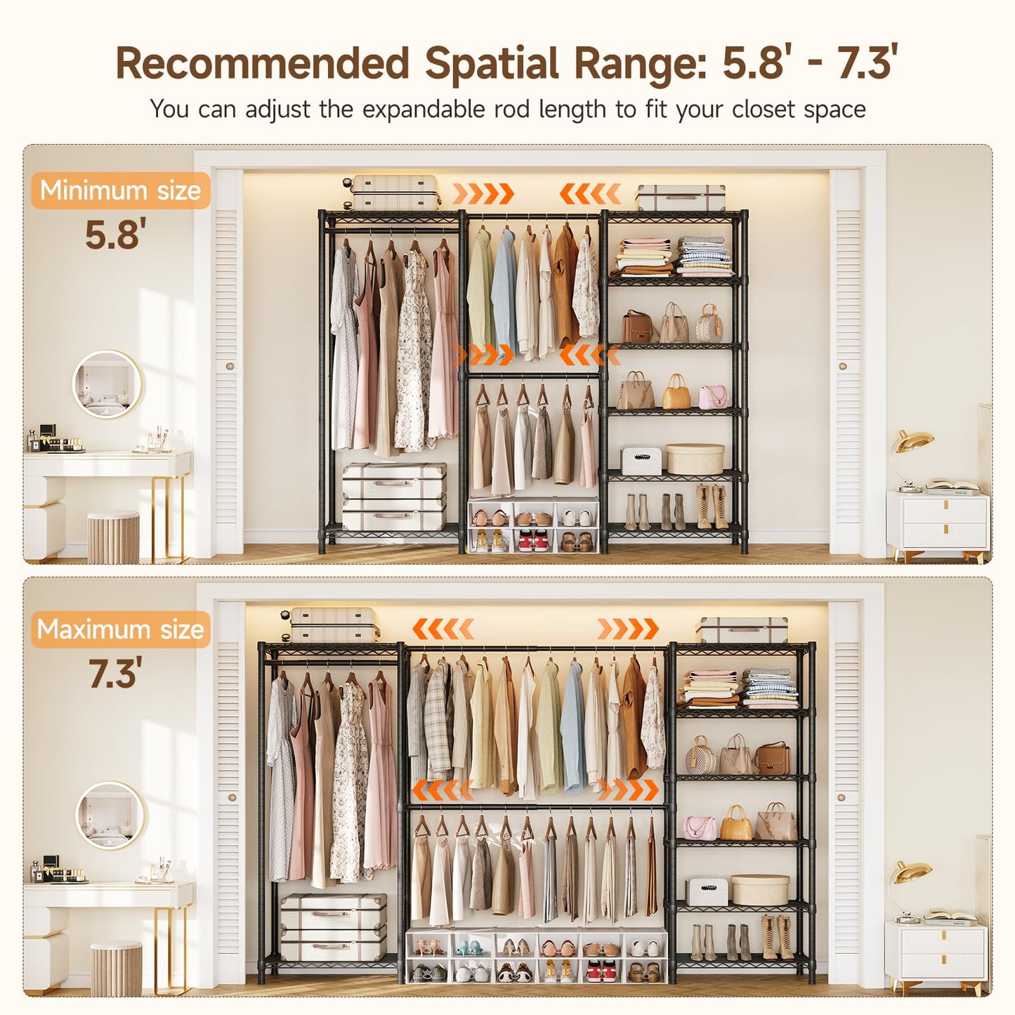 ONBRILL E3 Expandable Heavy Duty Garment Rack, Freestanding Closet Organizer System with 8 Wire Shelves & 3 Hanging Rods, Modular Metal Pipe Clothing Rack, Max Load 1000 LBS, Portable Closet, Black