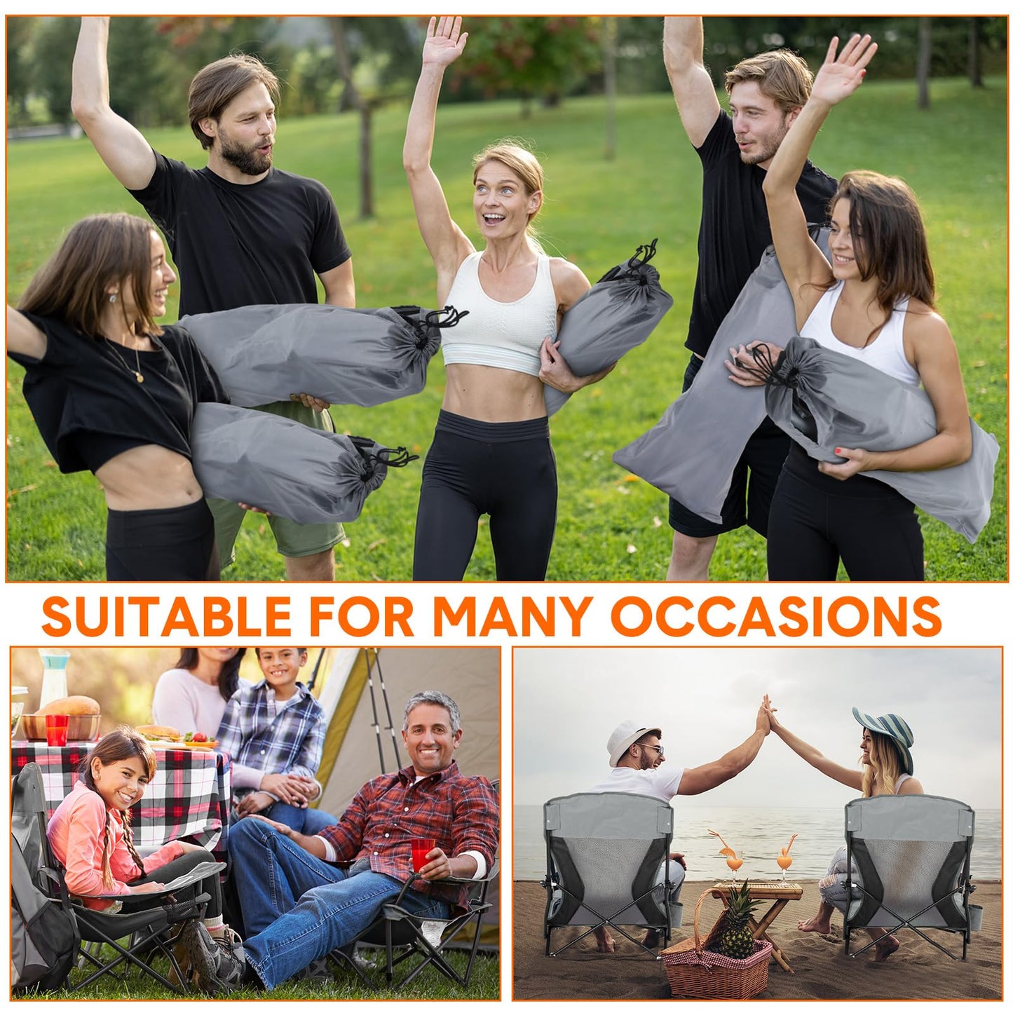 Menkxi 6 Pack Low Beach Chairs for Adults, Portable Folding Sand Chairs with Cup Holder and Carry Bag, Lightweight High Back Camping Chair for Beach Trips, Concerts, BBQ, Lawn, Outdoor (Dark Grey)