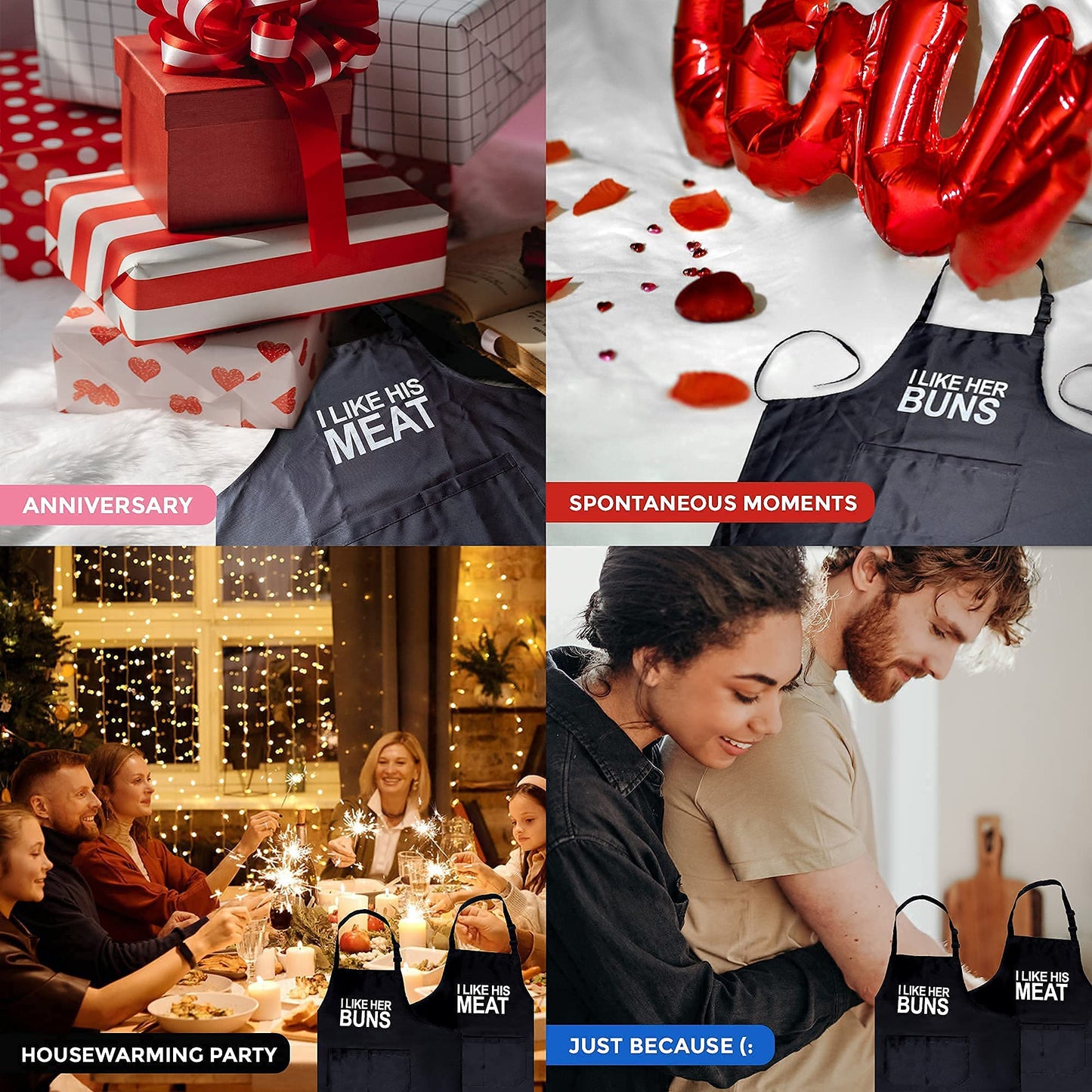Funny Apron & Gift Bag (Black) - I Like her Buns, I Like His Meat, Kitchen Apron, Cooking Apron For Girlfriend, Boyfriend, Best Friend - Couple Gift, Birthday, Anniversary, Wedding Gift Idea - ForkIt