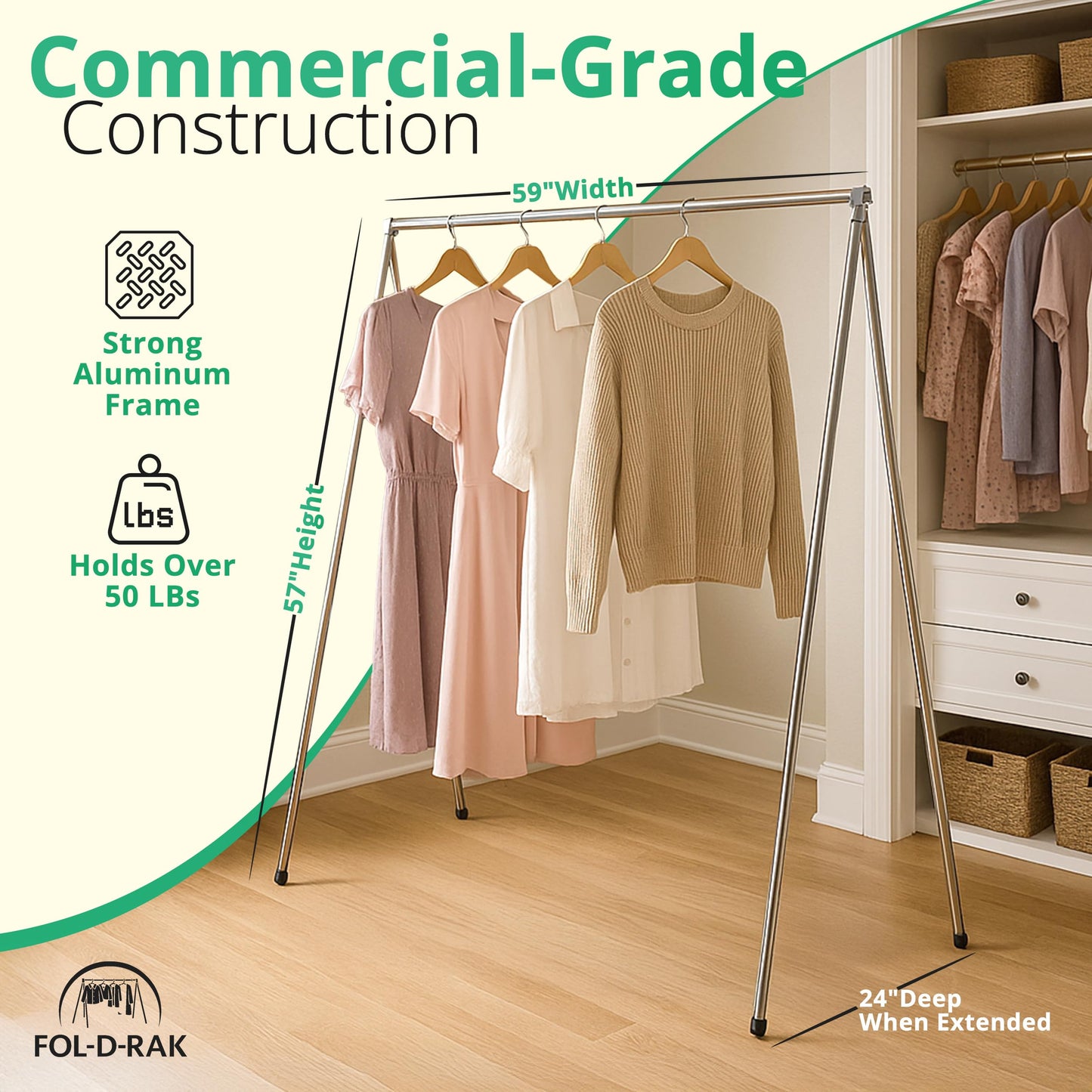 FOL-D-RAK Portable Clothing Rack, Folding Garment Rack with Carry Bag-no Assembly, lightweight 4 LB. Aluminum, 60 LB. Capacity-Travel, Closet, Retail, Trade Show, Dance Recital