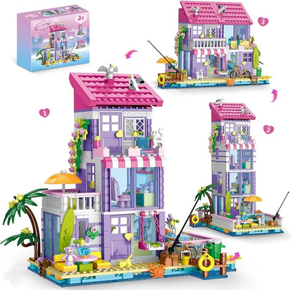 3 in 1 Pink Girls Beach House Building Set with Light Seaside Villa Friends Building Toys Compatible with Lego Friends Construction Educational Toy for Adults &amp 14+ (961 PCS)