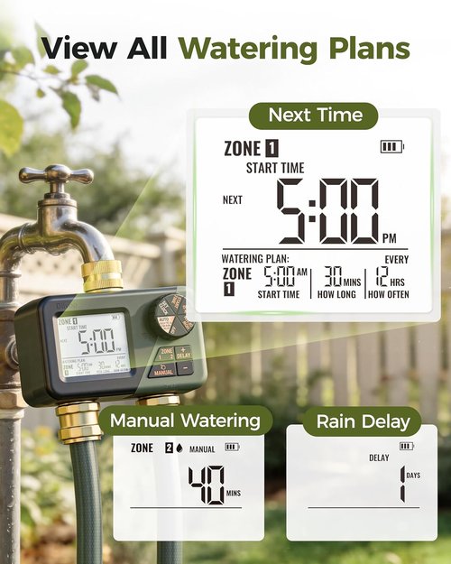 Diivoo Brass Sprinkler Timer - 2-Zone IP66 Waterproof Programmable Hose Timer | Large Display & Rain Delay for Garden Irrigation