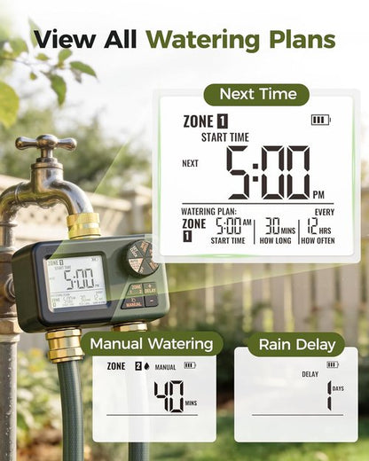 Diivoo Brass Sprinkler Timer - 2-Zone IP66 Waterproof Programmable Hose Timer | Large Display & Rain Delay for Garden Irrigation