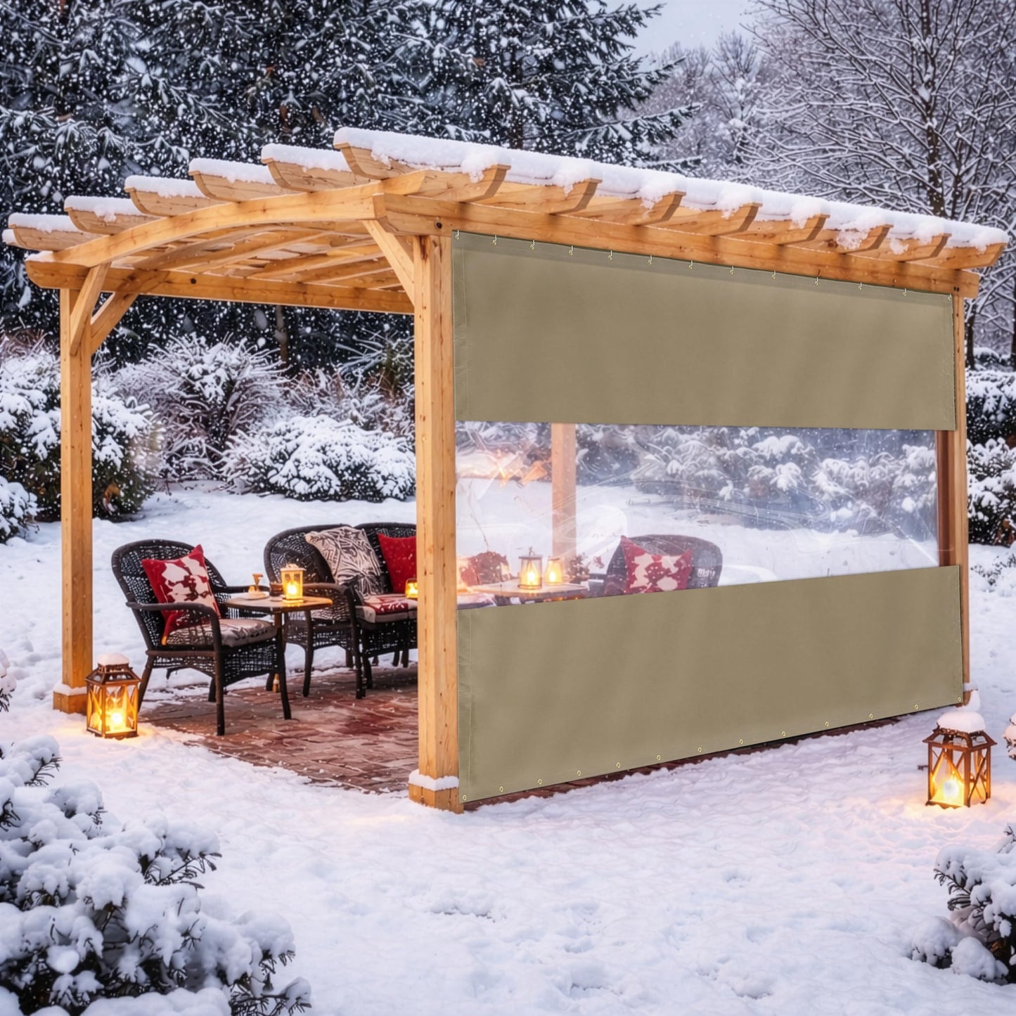 Covers & All Vinyl Outdoor Curtains for Patio Waterproof – 12 oz Outdoor Clear Panel Curtains, Gazebo Curtains with Brass Grommets for Pergola, Porch & Patio Walls for Winter (8 x 12 ft, Beige)