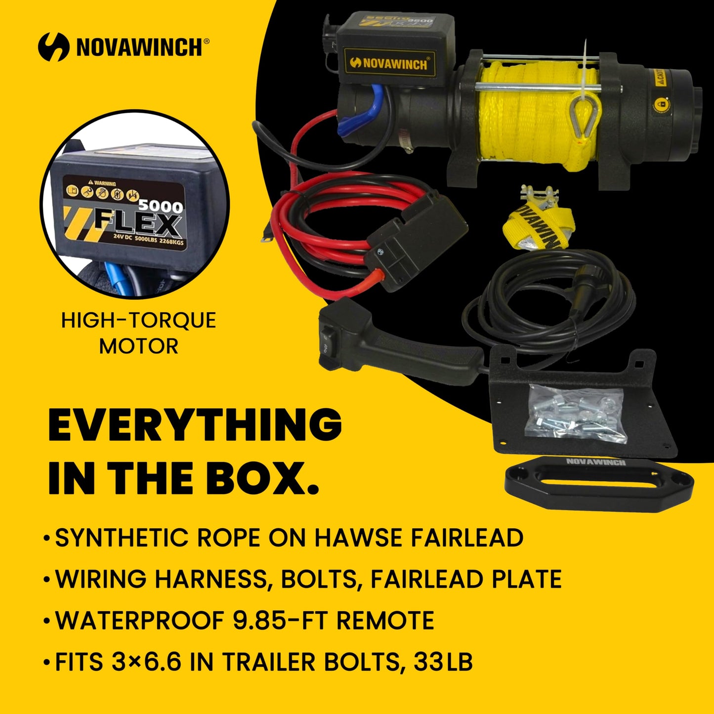 Novawinch Flex 5000 lb Trailer Winch 12V Electric - Synthetic Rope, IP68 Sealed Planetary Gearbox, Hawse Fairlead, Auto-Lock Brake, Waterproof Remote - Flatbed, Boat Trailer, Equipment Hauler, SAE