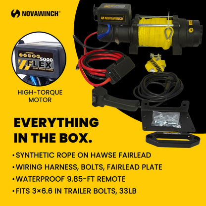 Novawinch Flex 5000 lb Trailer Winch 12V Electric - Synthetic Rope, IP68 Sealed Planetary Gearbox, Hawse Fairlead, Auto-Lock Brake, Waterproof Remote - Flatbed, Boat Trailer, Equipment Hauler, SAE