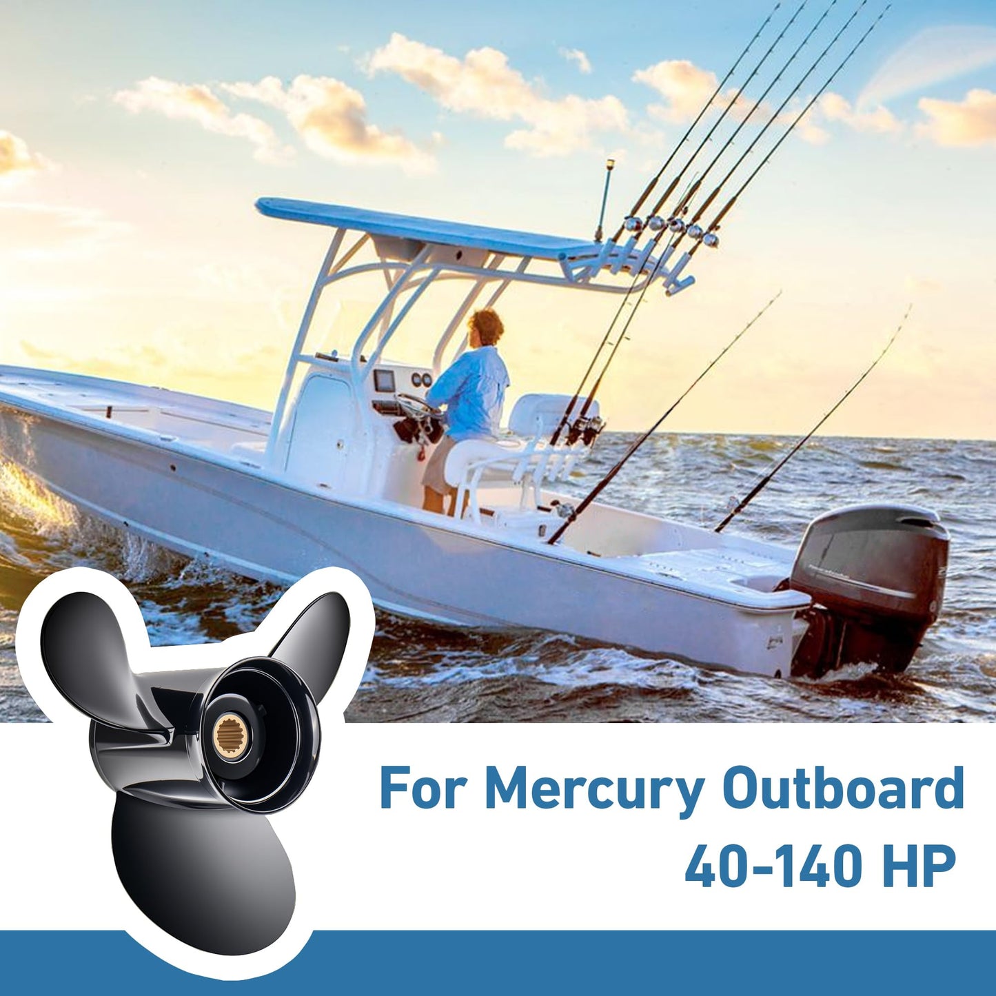 MARKGOO Propeller 13 3/4X15P for Mercury Outboard 40 50 60 70 75 80 90 100 115 125 140 HP Boat Motor Engine Parts Aluminum Prop 13.75X15 Pitch RH 15 Spline Tooth with Flo-Torq II Hub Kit 48-77342A45