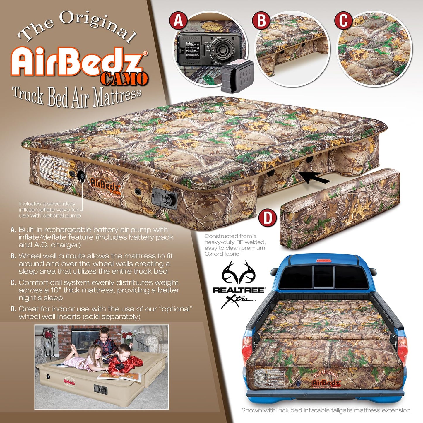 Pittman Outdoors AirBedz Mattress – Truck Bed Air Mattress, 25% More Coverage, Built-in Rechargeable Pump, Carry Bag & Repair Kit - Full-Size 8’+ Long Bed, Realtree Camouflage, PPI-401
