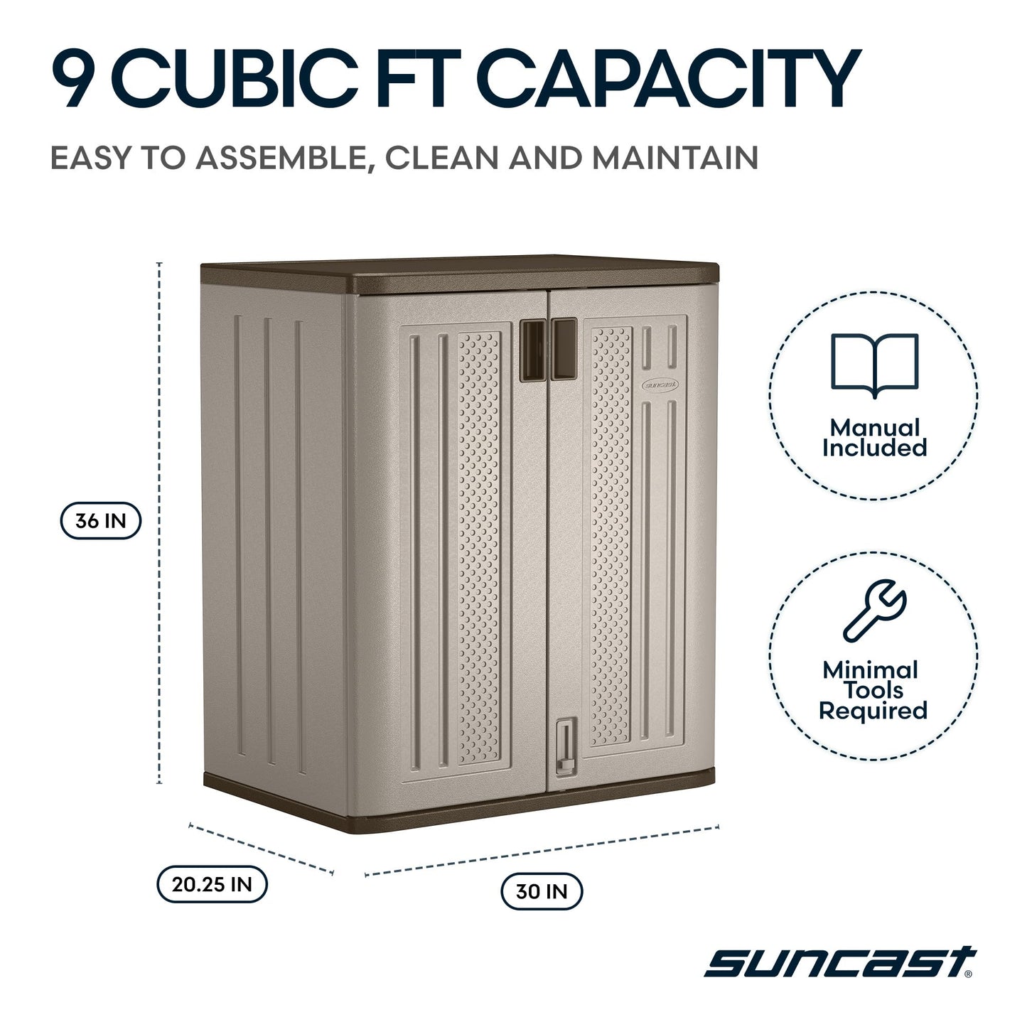 Suncast Base Storage Cabinet for Garage Organization - 9 Cu. Ft. Lockable 2-Shelf Organizer for Garden Supplies, Paint Cans & Outdoor Tools, Multi-Wall Resin Construction, Platinum