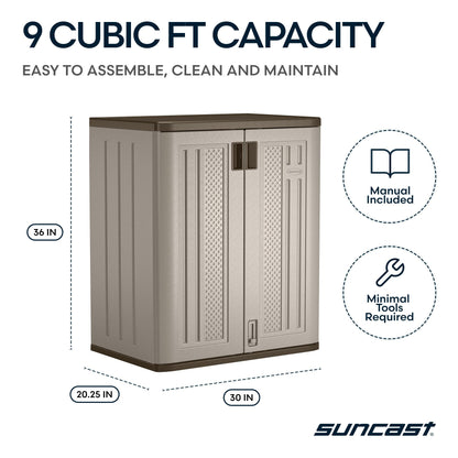 Suncast Base Storage Cabinet for Garage Organization - 9 Cu. Ft. Lockable 2-Shelf Organizer for Garden Supplies, Paint Cans & Outdoor Tools, Multi-Wall Resin Construction, Platinum