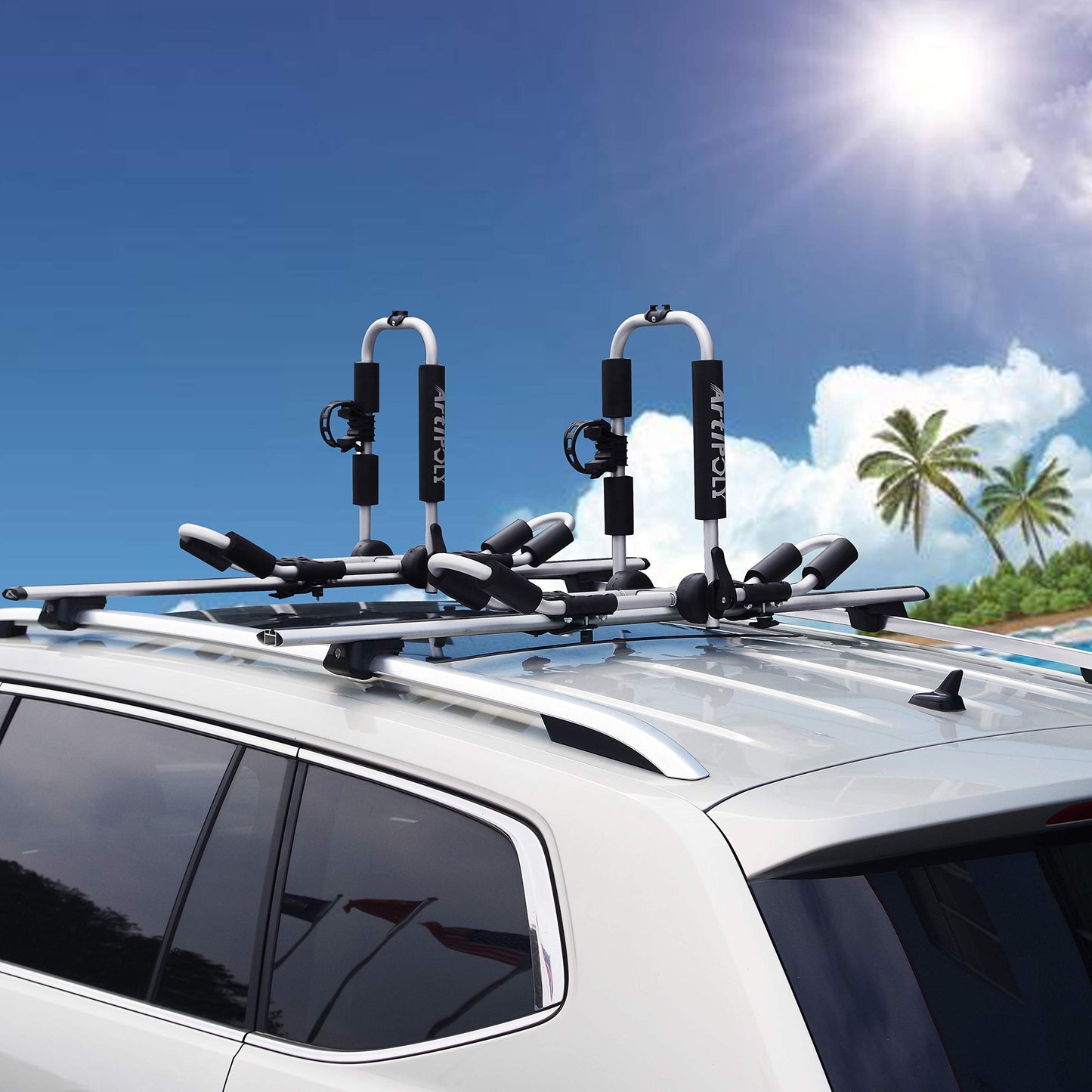 ARTIPOLY Kayak Roof Rack for 2 Kayaks, 4-in-1 Multifunction Bilateral Kayak & Canoe Car Racks J-Bar with Paddle Holder for Easy Mount Kayak/Surf/Ski/Canoe/SUP on SUV, Car and Truck Crossbar