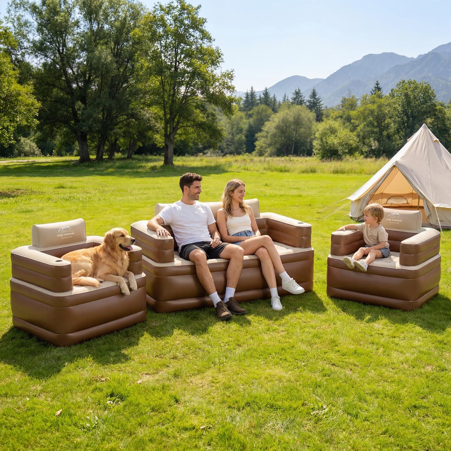 LANMOUNTAIN Inflatable Couch Set with Cup Holders & Pump, Velvety Air Sofa (1 Loveseat 60"x32"x34" & 2 Chairs 41"x32"x34") for Camping & Home