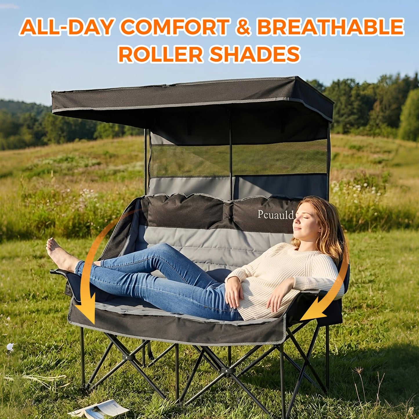 Pcuauld Double Camping Chair with Canopy Heavy Duty 2 Person Folding Loveseat Beach Chair with Shade High Back Oversized Outdoor Camping Couch with Cup Holders & Wine Racks for Lawn, Fishing, Sports