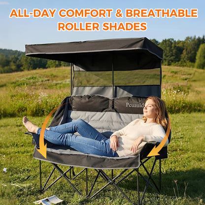 Pcuauld Double Camping Chair with Canopy Heavy Duty 2 Person Folding Loveseat Beach Chair with Shade High Back Oversized Outdoor Camping Couch with Cup Holders & Wine Racks for Lawn, Fishing, Sports