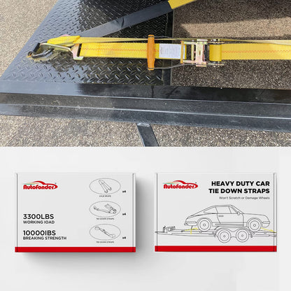 Autofonder Heavy Duty Adjustable Car Tie Down Kit with Snap Hooks -Break Strength 10,000 lbs-Working Load 3333 lbs-Bonus Includes 4 Pack 36" Axle Straps with D-Ring(Yellow)