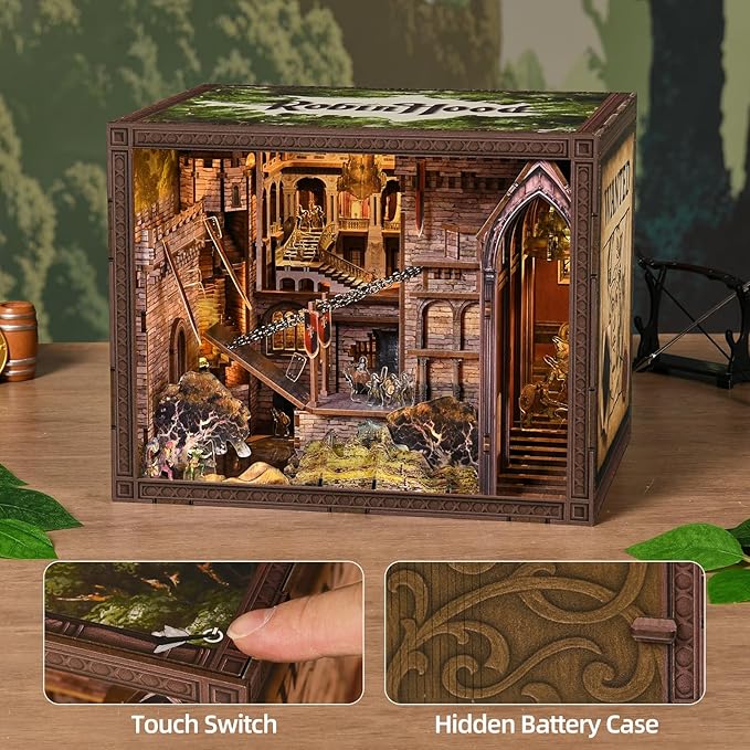 Book Nook Kit DIY Doll House Booknook Miniature Kit for Bookshelf Doll Houses for Adults Teen Halloween 3D Wooden Puzzle Bookends with Led Light and Dust Cover (Robin Hood)