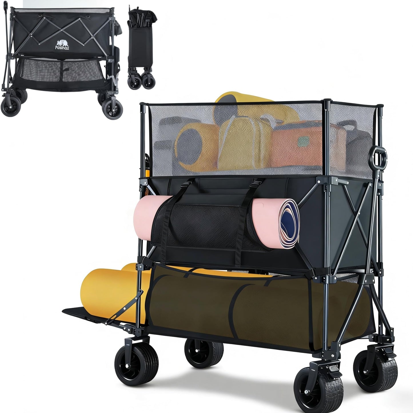 BARWING 460L Folding Large Collapsible Wagon, Heavy Duty Wagons Carts with All-Terrain Sand Wheels 600LBS,50" Extended Double-Decker Wagon with Height Extension Nets for Camping and Fishing