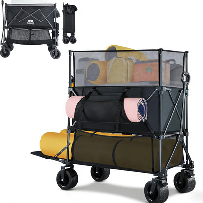 BARWING 460L Folding Large Collapsible Wagon, Heavy Duty Wagons Carts with All-Terrain Sand Wheels 600LBS,50" Extended Double-Decker Wagon with Height Extension Nets for Camping and Fishing