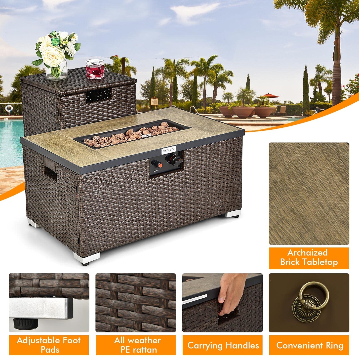 Tangkula 2 Piece Outdoor Propane Fire Pit Table Set with Hideaway Propane Tank Holder, 40,000 BTU Rattan Wicker Fire Pit Table with Lava Rocks, Waterproof Cover, Ideal for Backyard, Patio (Brown)