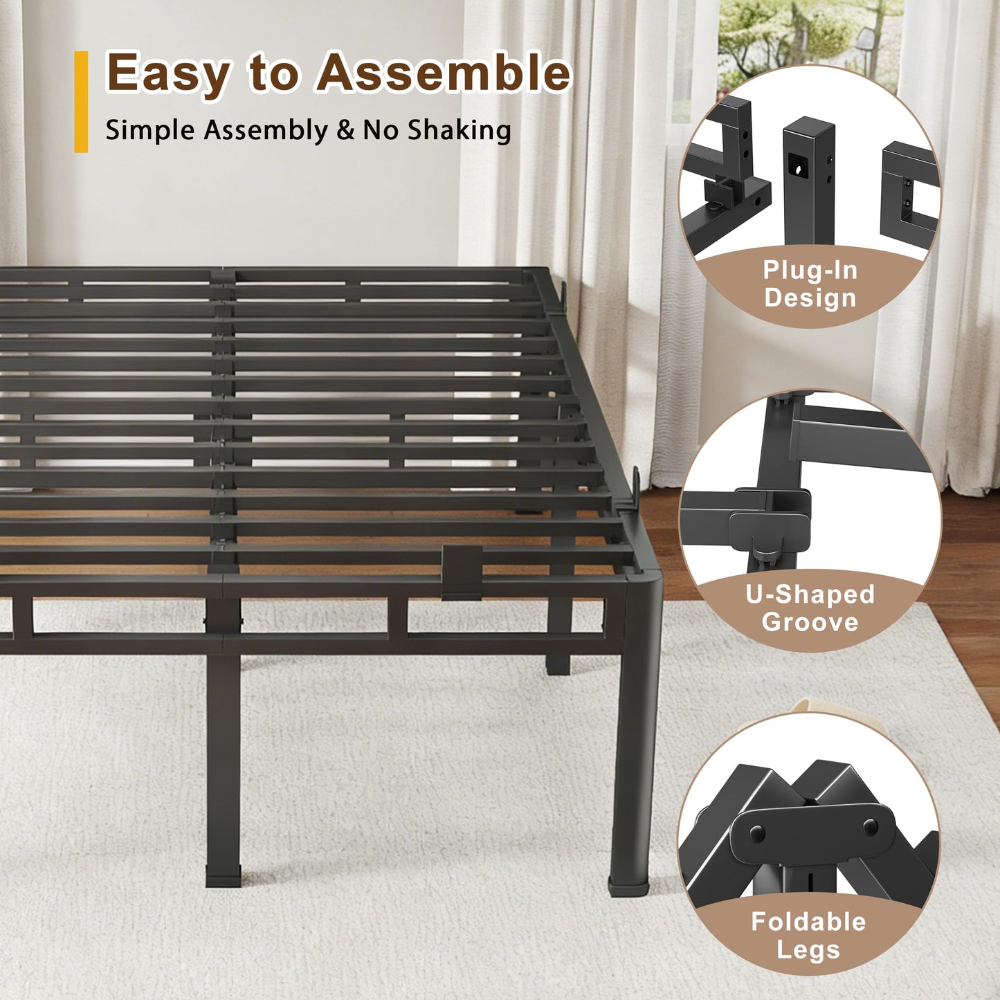 ROIL 16 Inch Twin Size Bed Frame, Double Layer Metal Bed Frame with Round Corner Legs, 4000LBS Bed Frame & Box Spring 2 in 1 Platform with Headboard Holes Mattress Baffles, Noise-Free Easy Assembly