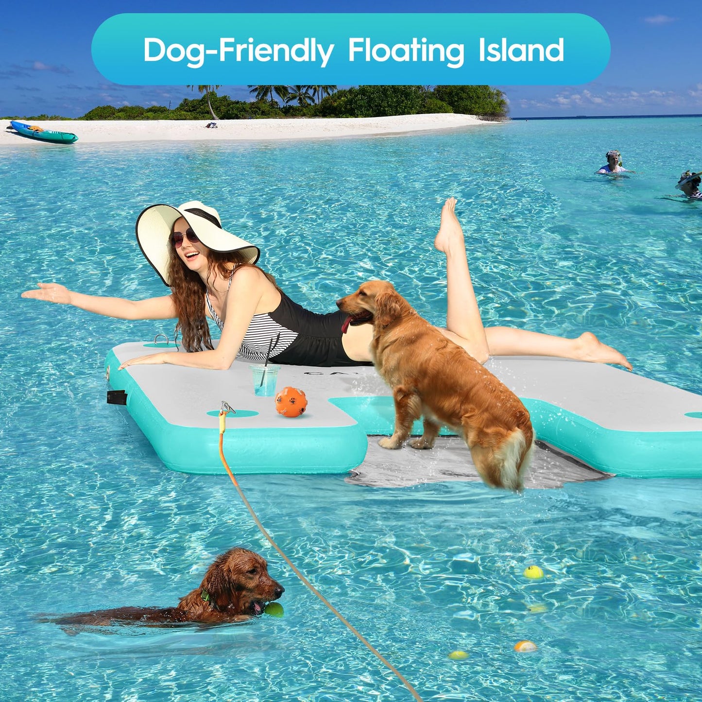 CALOBANA 8ft×6ft Inflatable Floating Dock with Dog Ramp, Float Island with Boat Ramp for Adults & Pets, Heavy Duty Lake Dog Raft Dock Platform with Ladder for Sea or River,Party,Grey+Mint Green