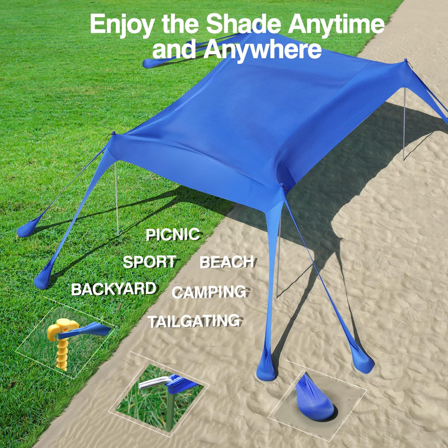 Rhino Valley Beach Tent, 10 x 13 FT Beach Shade UPF50+ Protection, Beach Canopy with 8 Sandbags 4 Stability Poles,Outdoor Beach Tent Sun Shelter Umbrella for Sand,Camping,Fishing Essentials, Indigo