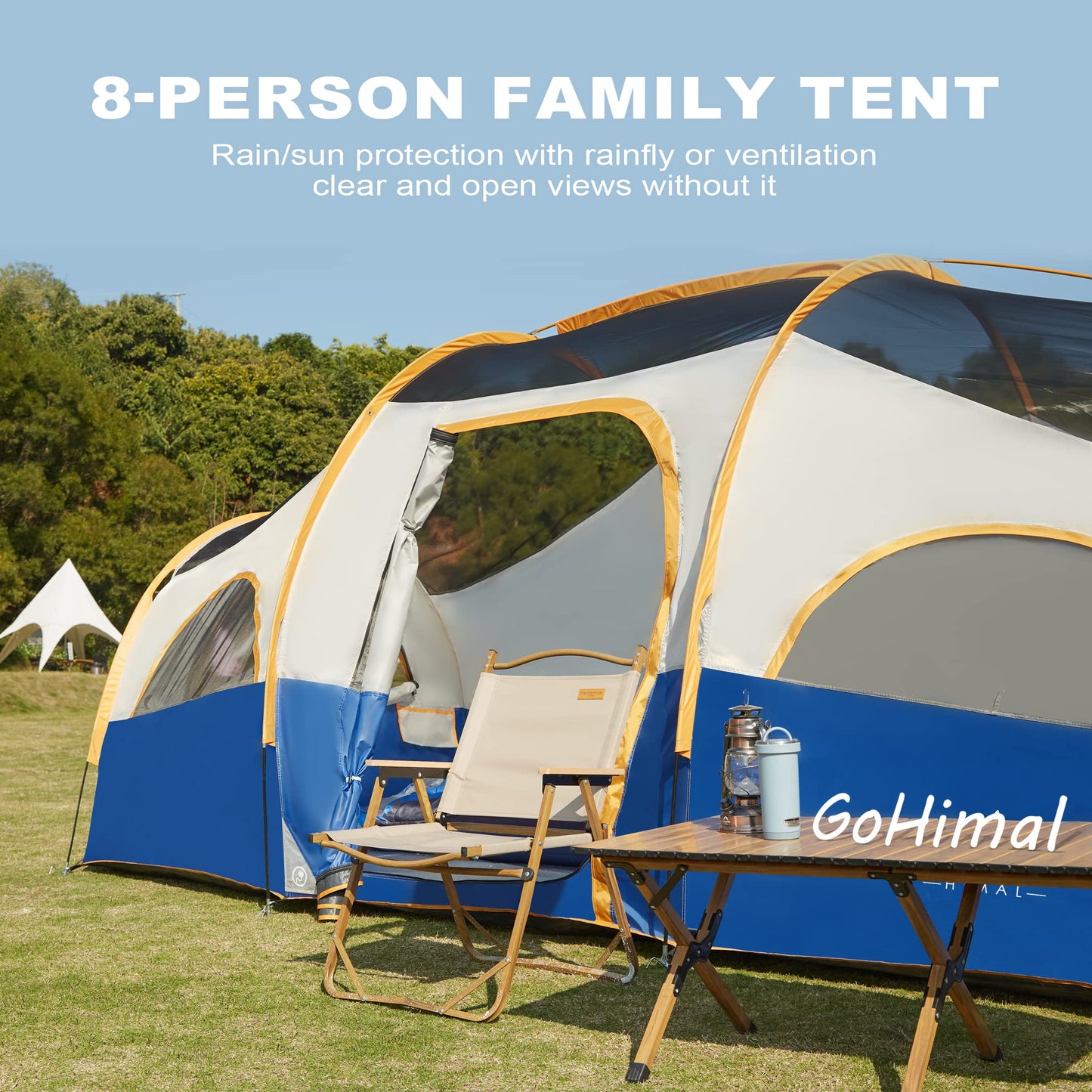 GoHimal 8 Person Tent for Camping, Waterproof Windproof Family Tent with Rainfly, Divided Curtain Design for Privacy Space, Portable with Carry Bag