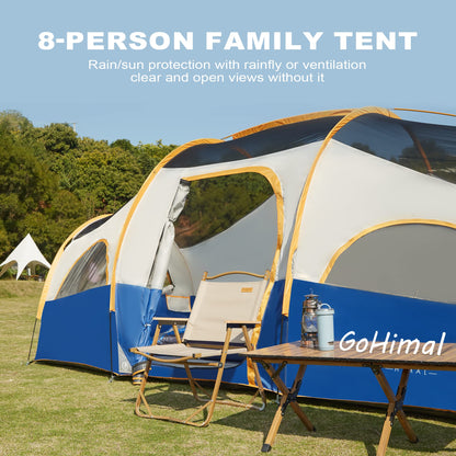 GoHimal 8 Person Tent for Camping, Waterproof Windproof Family Tent with Rainfly, Divided Curtain Design for Privacy Space, Portable with Carry Bag