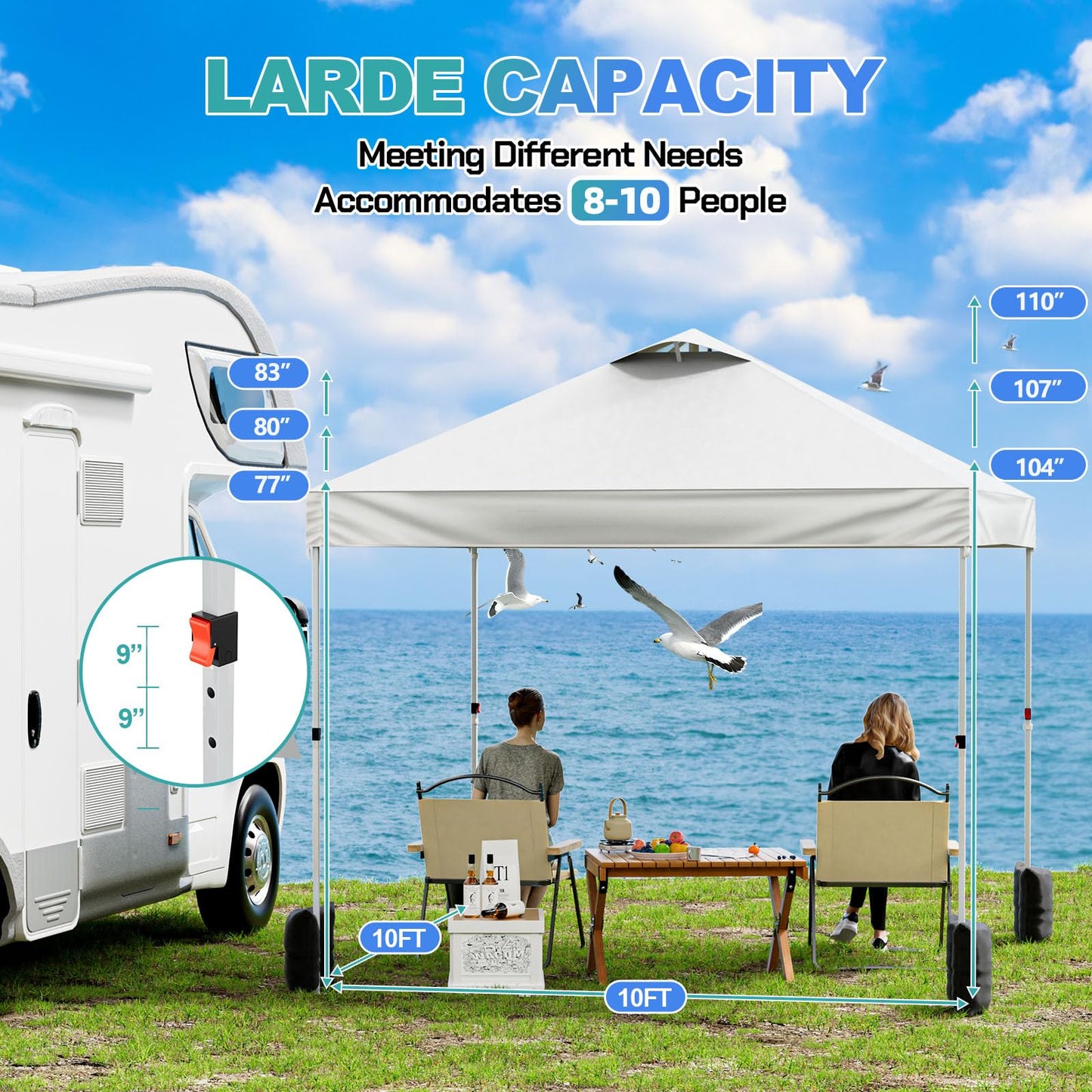 UEAKPIC 10x10 Pop Up Canopy with Sidewall, Instant Portable Outdoor Tent, UPF 50+, Waterproof, Adjustable White Sun Shelter with Vented Roof for Party, 1 Wheel Bag, 8 Stakes, 4 Ropes, 4 Sandbags
