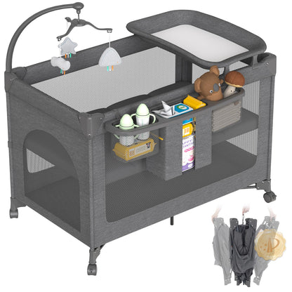 4 in 1 Baby Bassinet, Pack and Play with Mattress, Baby Crib with Wheels and Mosquito Net, Bedside Sleeper with Changing Pad, Portable Playpen Foldable Playard for Babies and Toddlers